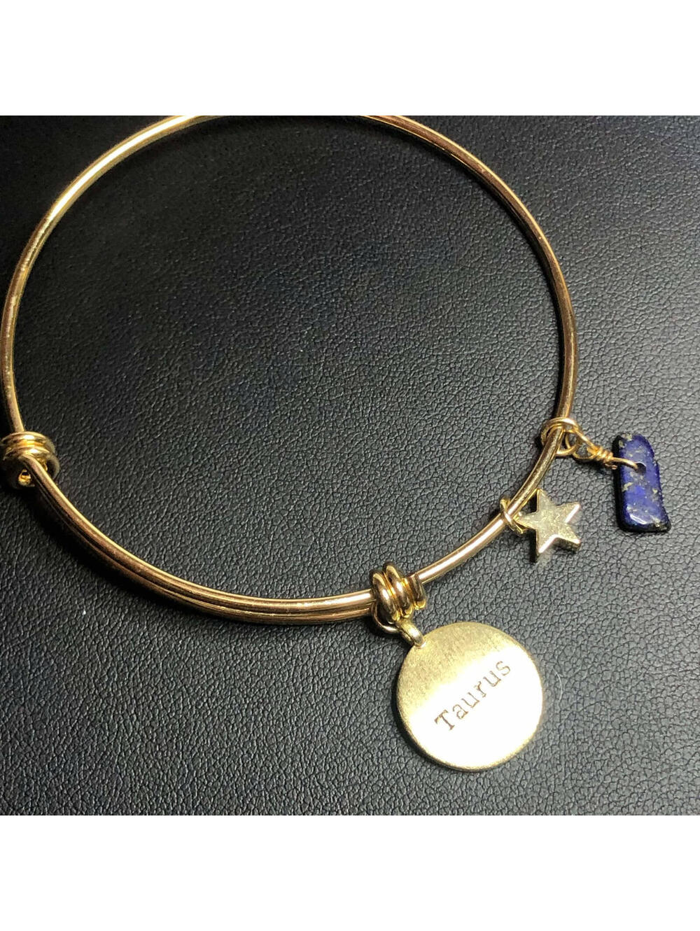3674 Gold tone TAURUS zodiac sign CZ Lapis star bangle Bracelet adjustable